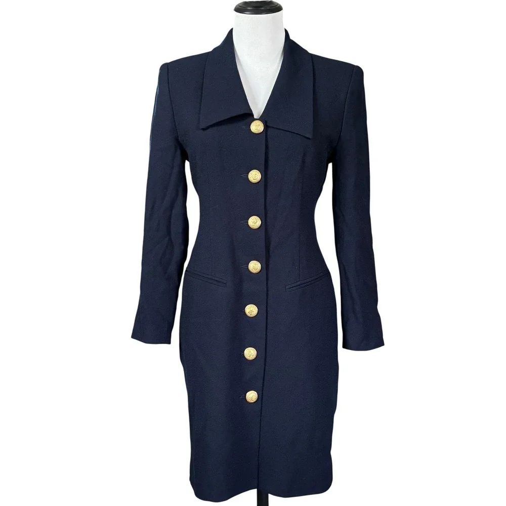 Vintage 90s Sunny Names 100% Wool Navy Long Blazer Coat Petite 4 Gold Buttons